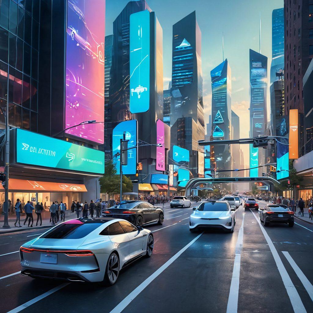 An artistic depiction of a futuristic city skyline with self-driving cars and flying vehicles seamlessly navigating through the streets. Include a diverse group of people using advanced tech gadgets and enjoying their rides, showcasing a blend of classic and modern car designs. In the foreground, display holographic signs and innovative charging stations. The overall atmosphere should be vibrant and bustling, emphasizing progress in transportation technology. hyper-realistic. vibrant colors. 3D.