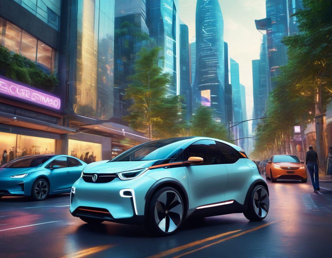 A futuristic smart car parked in a bustling city with digital interfaces displaying real-time data. Surrounding the car are diverse individuals, engaged in conversations about electric vehicles and AI technology while checking their smartphones. Futuristic buildings and greenery in the background symbolize innovation and sustainability. The atmosphere conveys a sense of community and progress in automotive technology. vivid colors. 3D. cyberpunk.