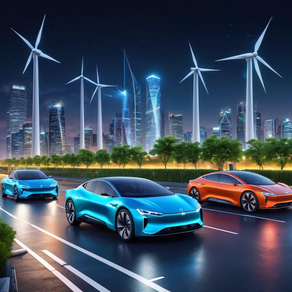 A futuristic city skyline illuminated by electric lights, featuring sleek electric cars and hybrid vehicles on the roads. Incorporate greenery with solar panels and wind turbines in the background, symbolizing sustainability. The atmosphere should be vibrant with clear blue skies and a hint of technological innovation. Add a diverse group of people engaging with these vehicles, showcasing inclusivity in eco-friendly transportation. super-realistic. vibrant colors. futuristic style.